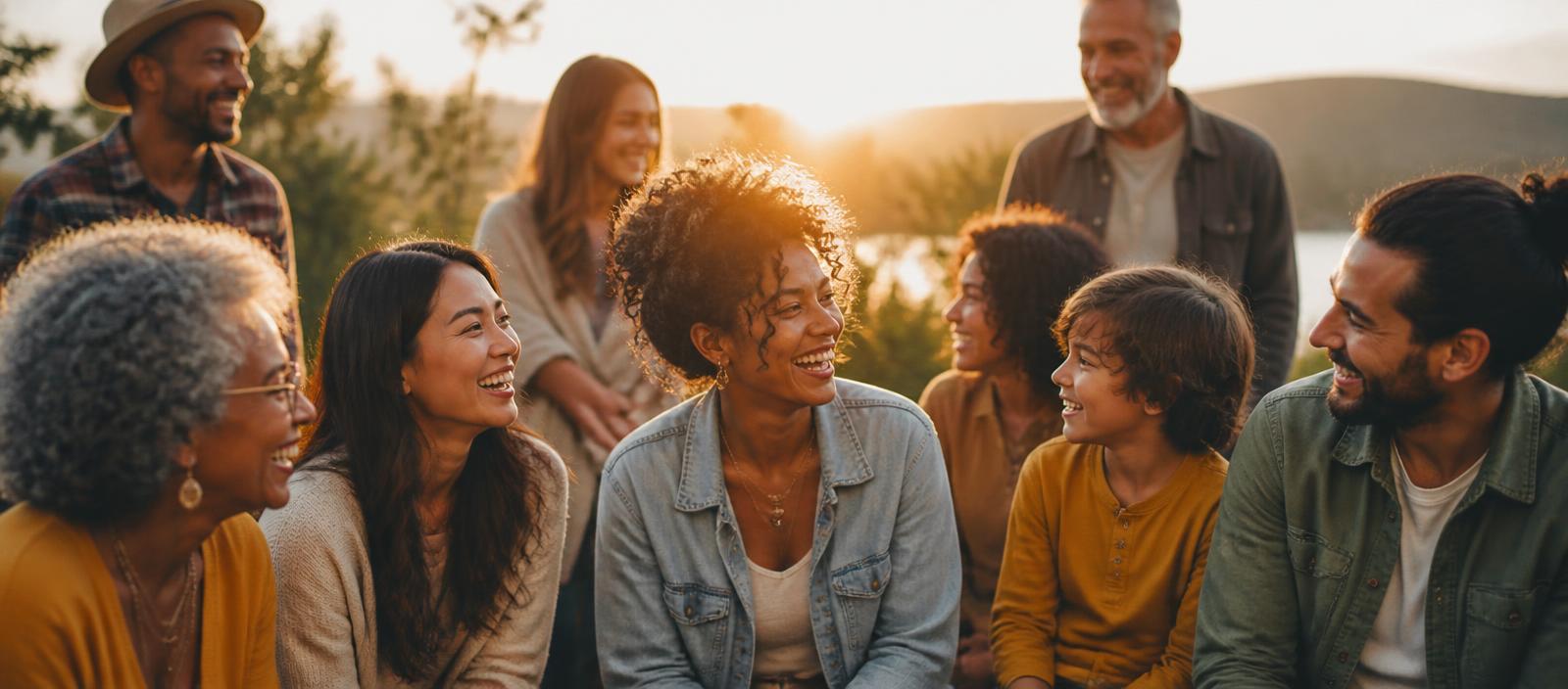 A warm gathering of people of different ages laughing together outdoors at golden hour