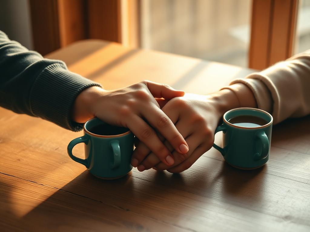 Two hands clasped across a table with mugs of tea