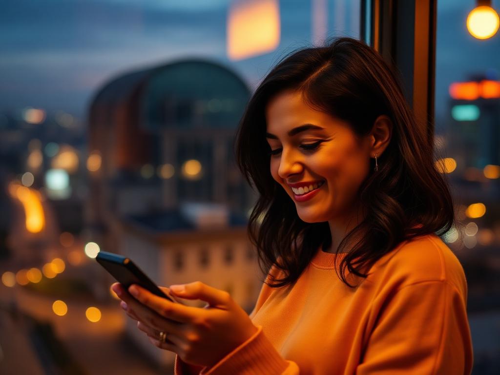 A person smiling at their phone by a window at night